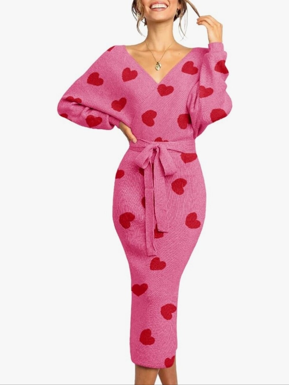 New Pink Heart-Print V-Neck Knit Dress with Tie Waist